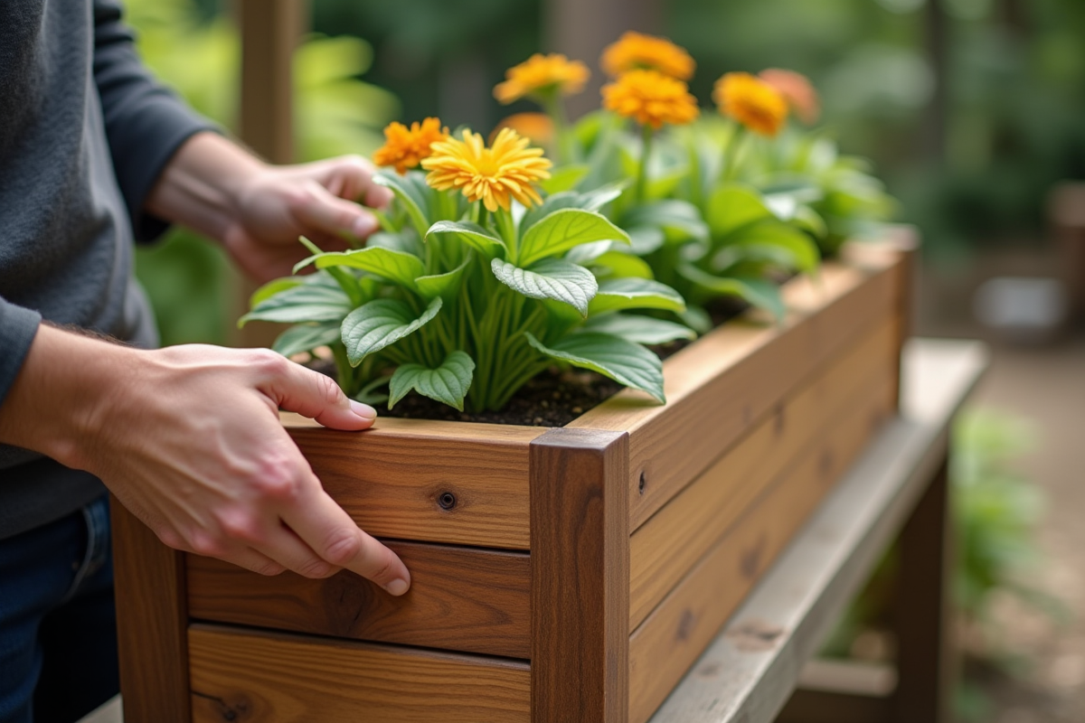 Mains inspectant un jardinière en bois dans le jardin