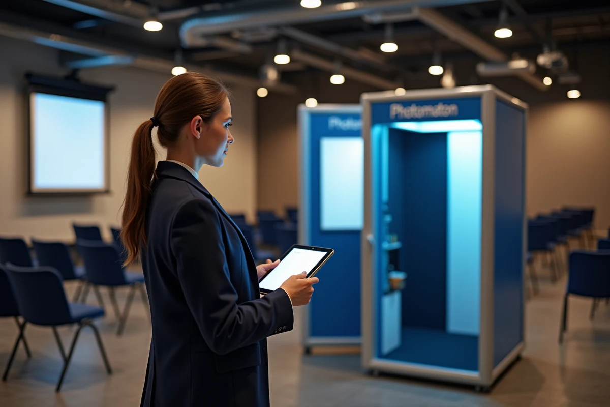 Coordinatrice événementielle supervisant l'installation d'une borne Photomaton en location dans une salle de séminaire professionnelle