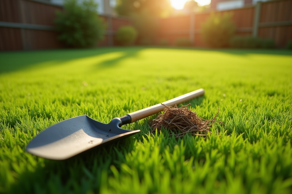 Jardin bien entretenu avec outil de désherbage et mauvaises herbes