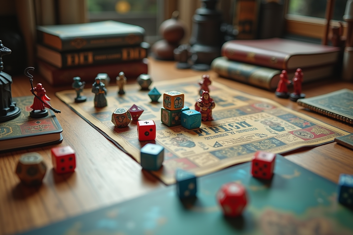 Configuration de jeu de rôle avec dés colorés et figurines