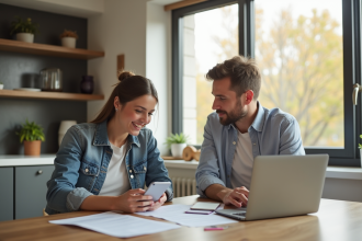 Jeune couple professionnel examinant un contrat de location