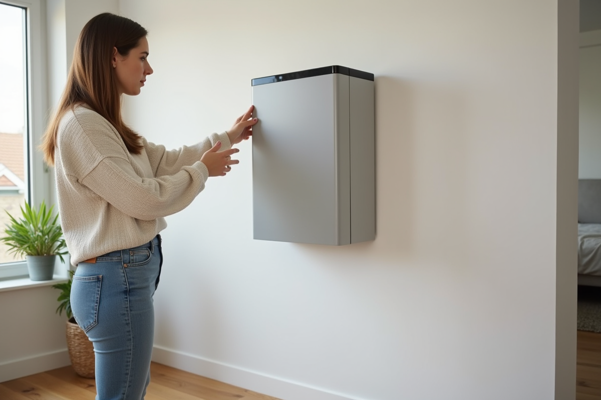 Jeune femme examine une batterie domestique moderne dans un salon lumineux