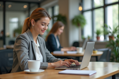Jeune femme en coworking souriante et concentrée