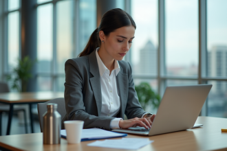 Jeune femme professionnelle travaillant sur un ordinateur dans un bureau moderne