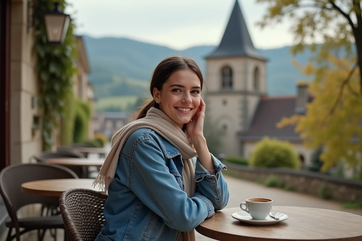 Jeune femme au cafe dans le village de Saint Goussaud