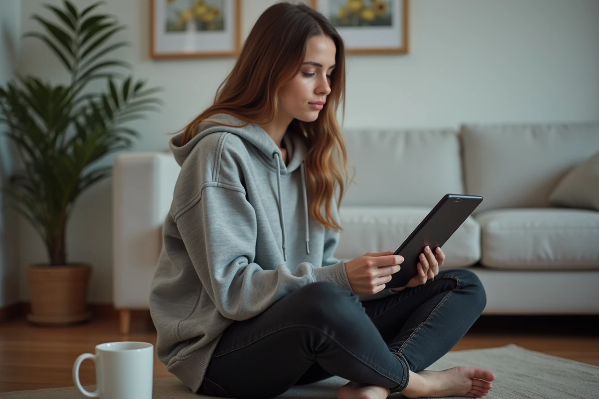 Jeune femme étudiant la conjugaison française sur une tablette posée dans un salon minimaliste