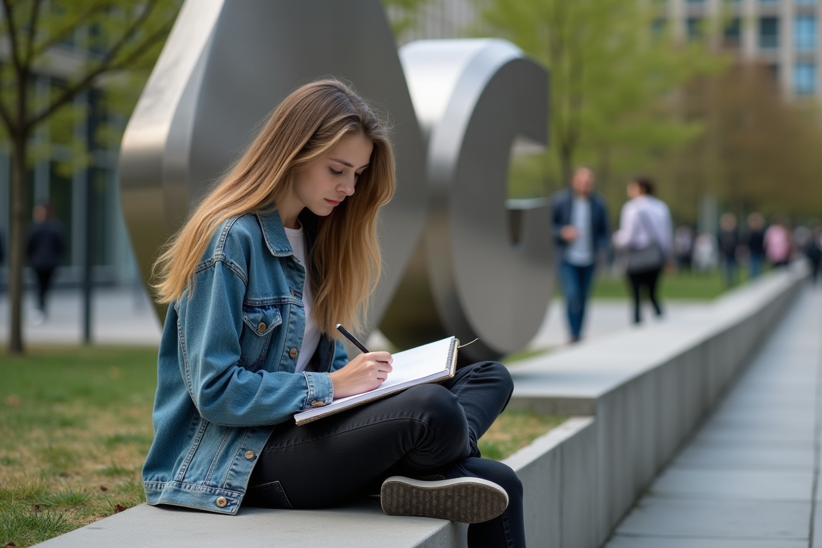 Jeune femme dessinant dans un parc urbain près d