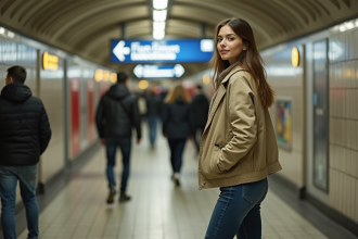 Jeune femme dans le métro de Châtelet Les Halles regardant derrière elle