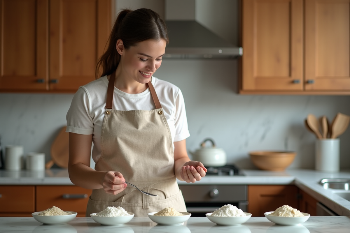 Jeune femme compare différentes poudres de substitution dans la cuisine