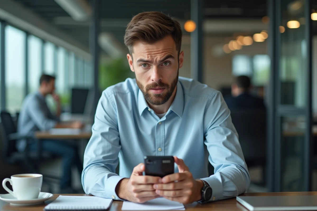 Jeune homme au bureau examine son smartphone avec perplexite