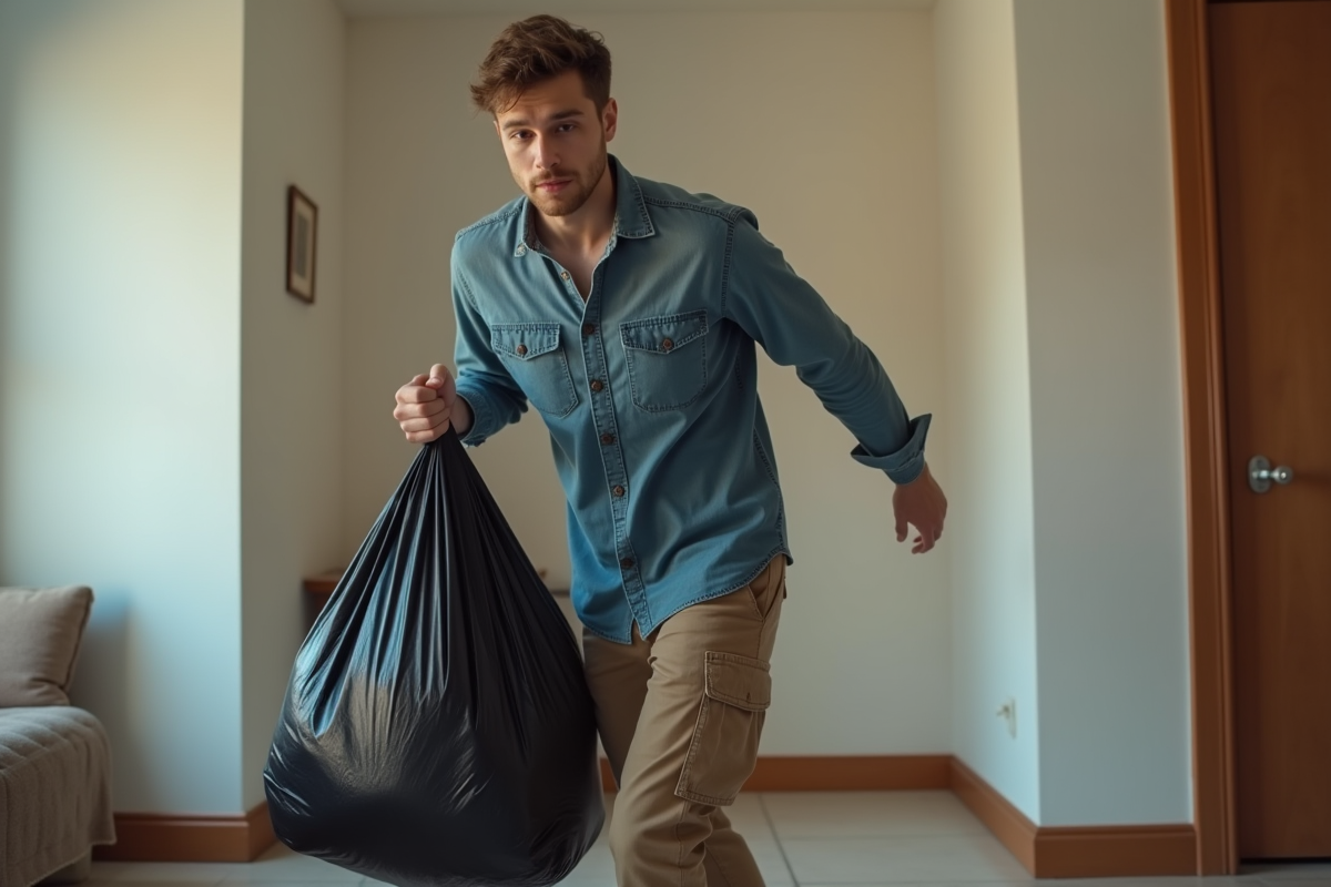 Jeune homme portant un sac poubelle dans un intérieur vide