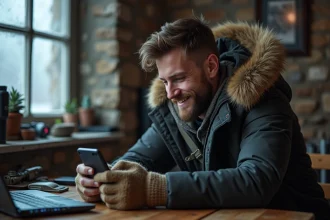 Jeune homme concentré jouant à un jeu de survie sur smartphone