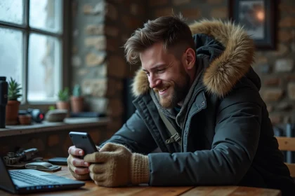 Jeune homme concentr&eacute; jouant &agrave; un jeu de survie sur smartphone