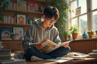 Jeune homme lisant manhwa dans un appartement chaleureux