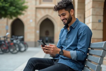 Jeune homme v&eacute;rifiant l'application Mawaqit devant la mosquee