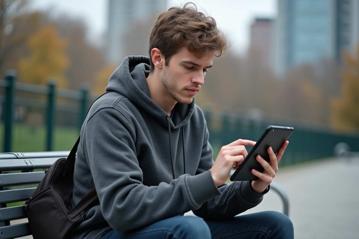 Jeune homme vérifiant ses paramètres de confidentialité en plein air