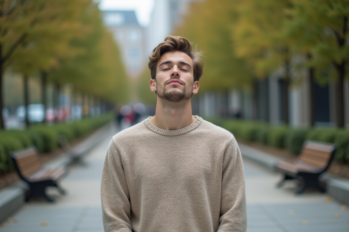 Jeune homme respire en plein air dans un parc urbain