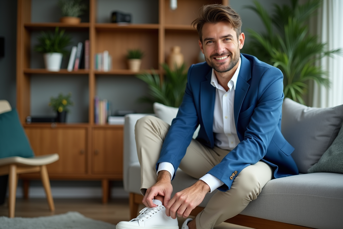 Jeune homme en blazer bleu dans un salon moderne