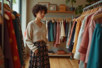 Jeune adulte nonbinaire dans une boutique en train de choisir une jupe