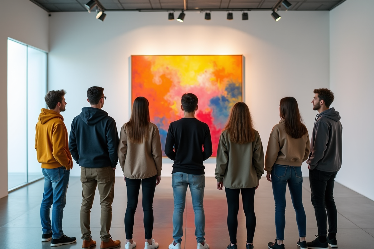 Jeunes adultes devant une peinture abstraite dans une galerie d'art