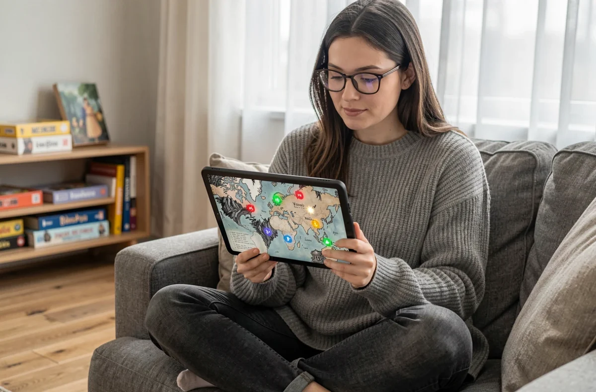 Joueuse adulte avec tablette affichant une carte de quête illustrée du jeu Dofus Royaume d'Encre, assise sur un canapé dans un salon moderne