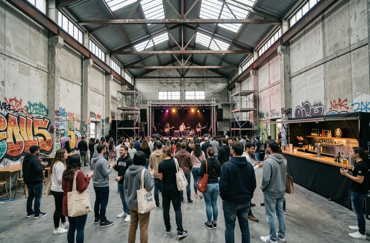 Espace culturel Kilowatt à Vitry-sur-Seine avec décor industriel, fresques urbaines et public festif autour d'une scène de concert
