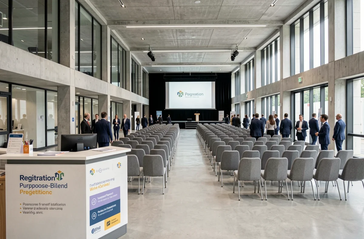 L'Evento, salle de conférence moderne avec architecture en béton et verre, rangées de sièges et scène pour événement d'entreprise