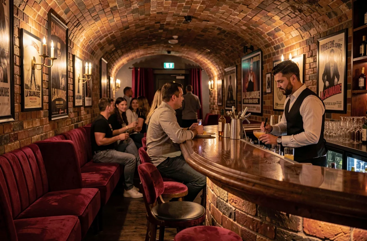Intérieur chaleureux de La Salamandre avec bar en bois courbé, banquettes en velours rouge et atmosphère de club nocturne intime