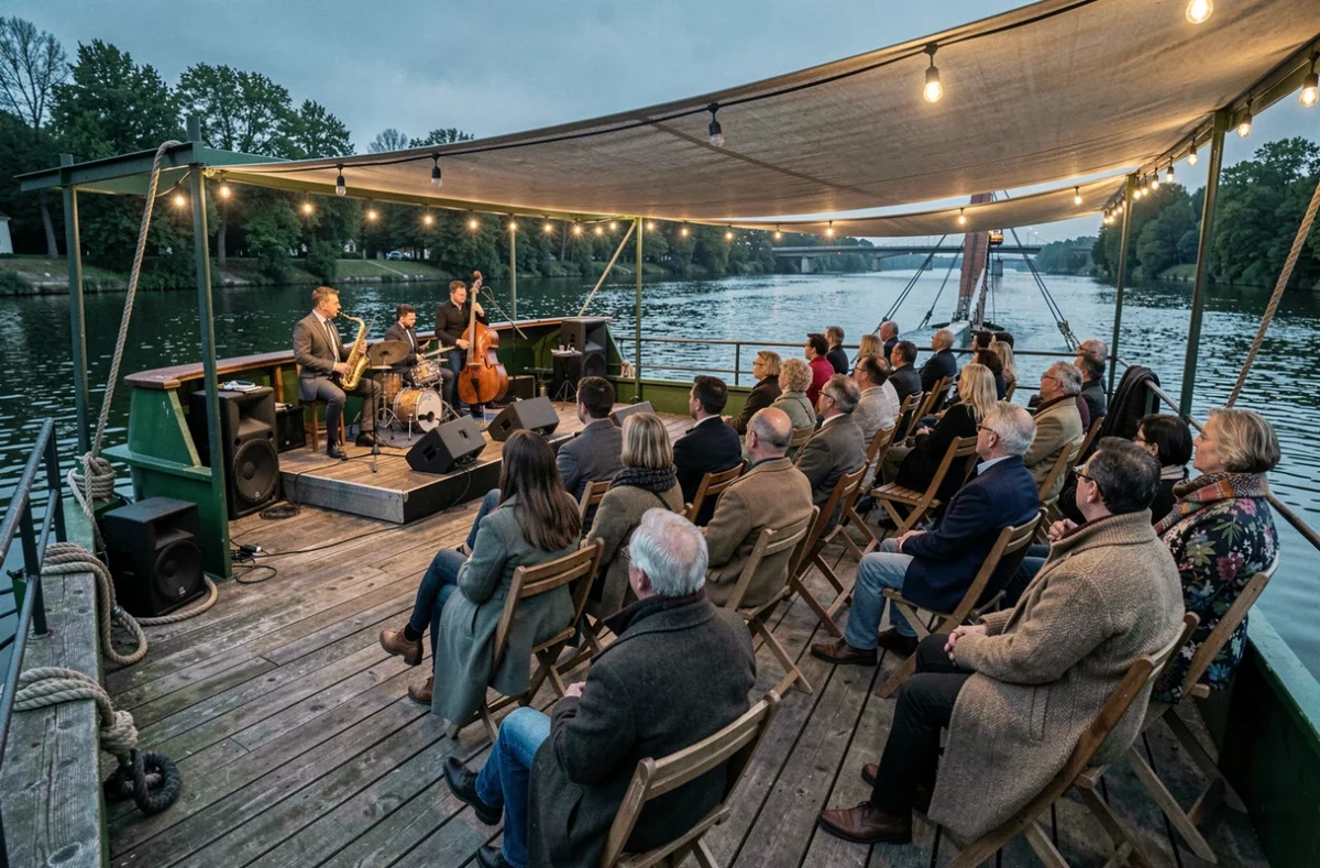 Le Lapin Vert, péniche-spectacle amarrée sur la Marne avec scène de jazz en plein air et public assis sur le pont en bois