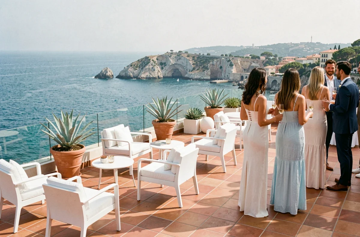 Terrasse du Riviera sur la côte méditerranéenne près de Marseille, réception en plein air avec vue sur la mer et invités en tenue estivale