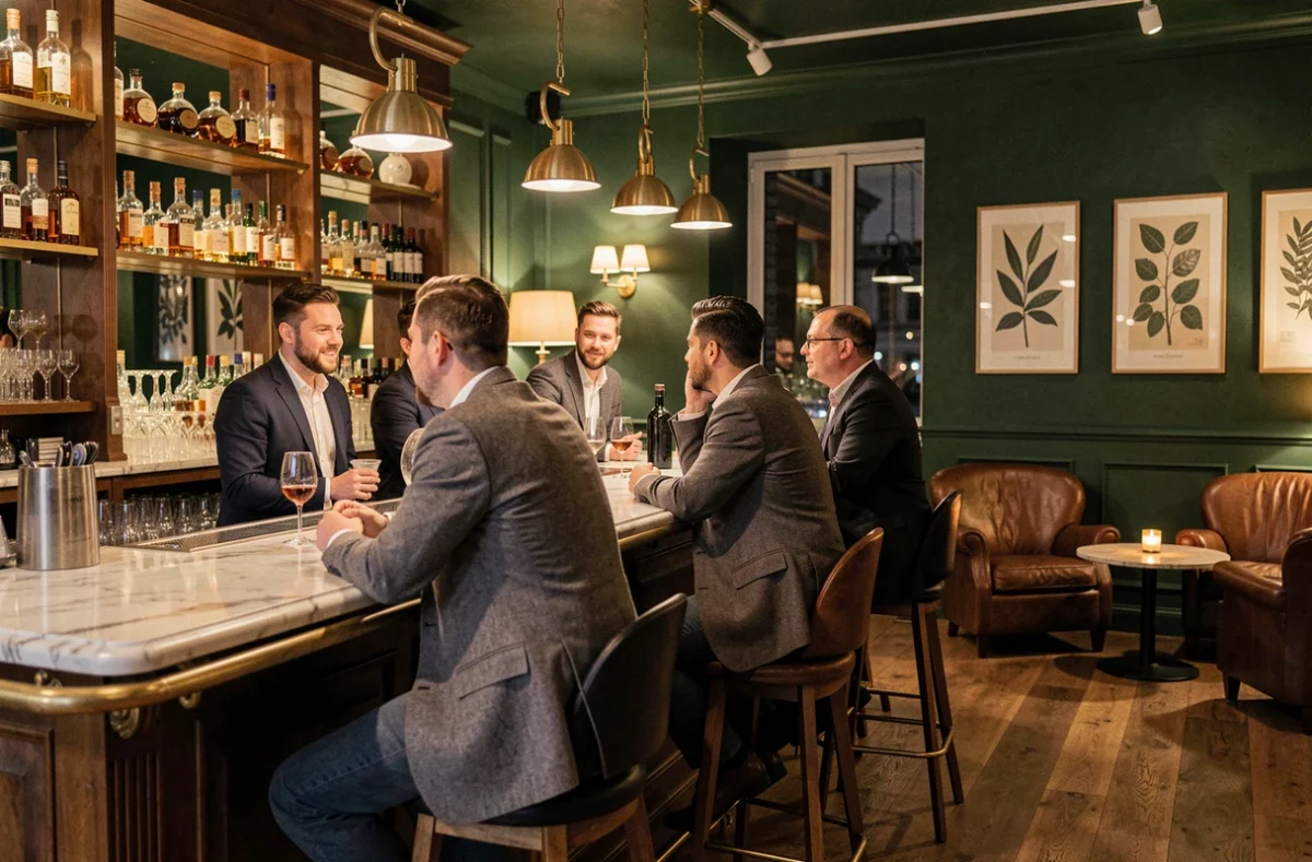 Intérieur élégant du bar de nuit Le Saint-Charles dans le Val-de-Marne avec comptoir en marbre, tabourets hauts et atmosphère chaleureuse