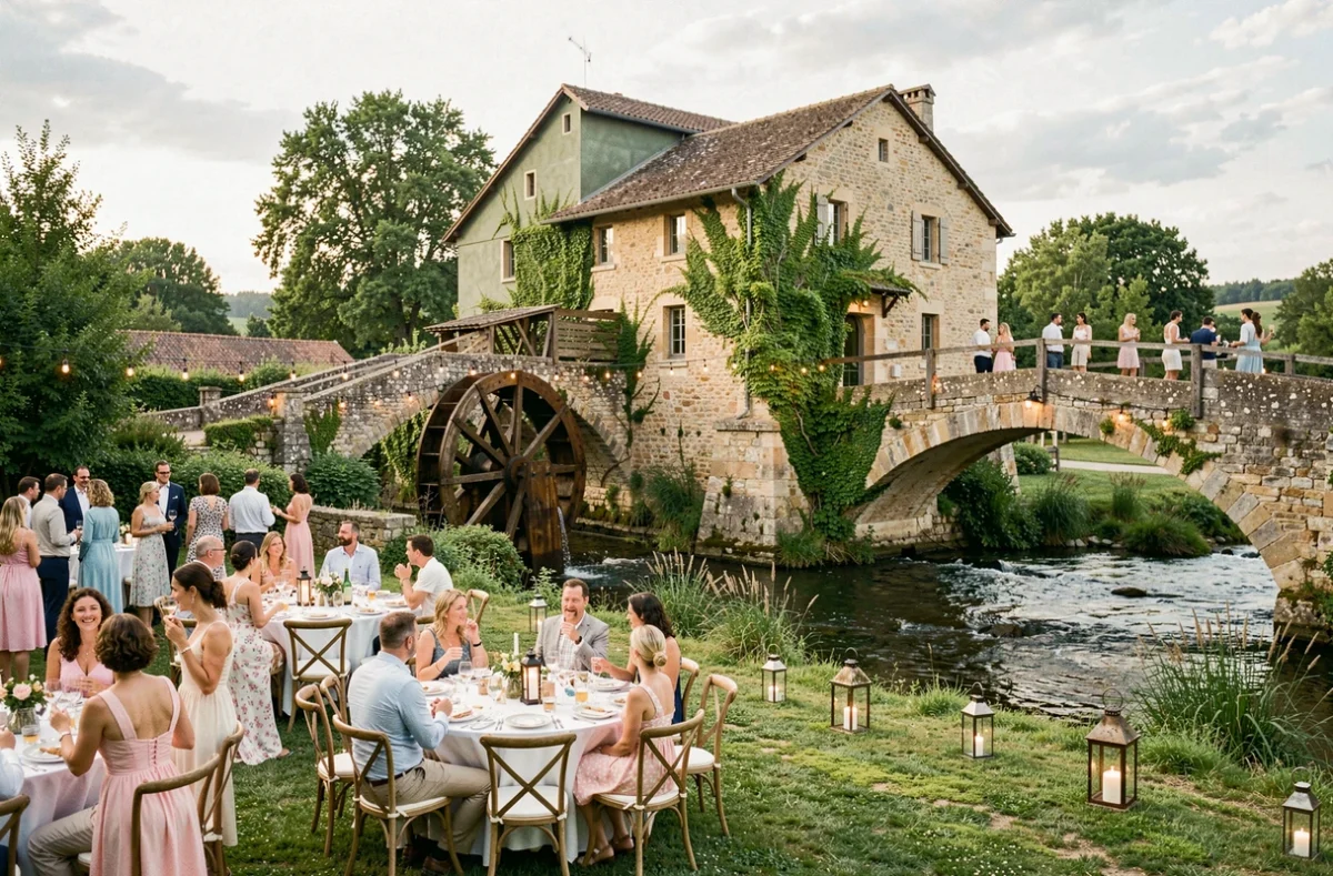 Le Vert Moulin, domaine de réception provençal avec ancien moulin à eau, roue en bois et tables de mariage sur la pelouse le long du cours d'eau