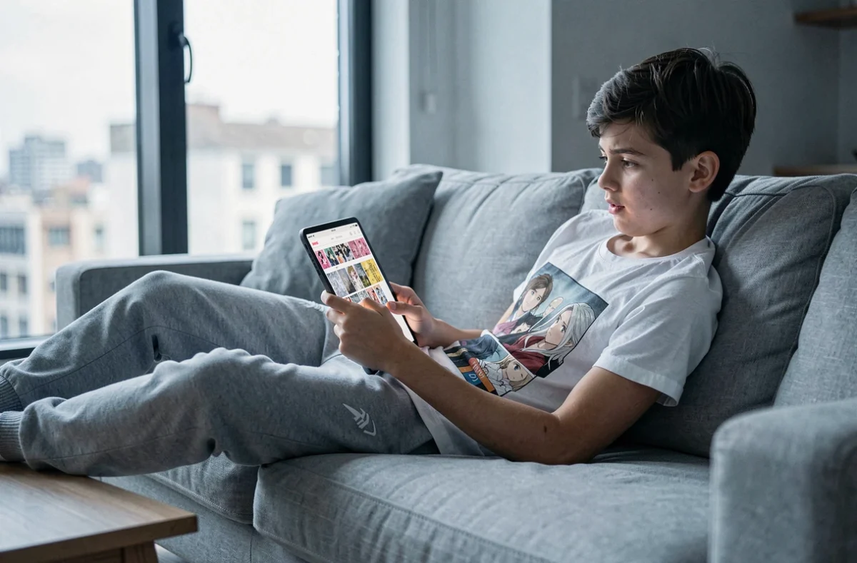 Adolescent lisant un chapitre de manga en ligne sur une tablette allongé sur un canapé moderne