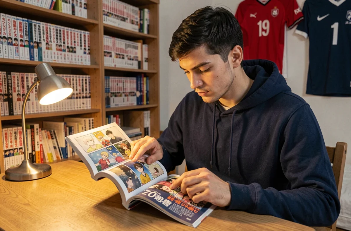 Jeune homme lisant un manga de football dans sa chambre entourée de volumes manga et maillots de football