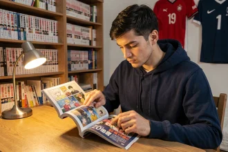 Jeune homme lisant un manga de football dans sa chambre entourée de volumes manga et maillots de football