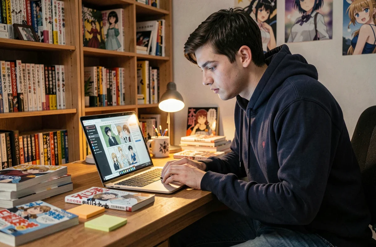Jeune homme lisant un scan manga en ligne sur ordinateur portable dans une chambre décorée de manga et d'affiches d'animé