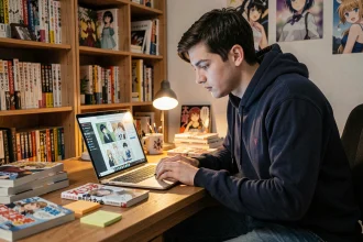Jeune homme lisant un scan manga en ligne sur ordinateur portable dans une chambre décorée de manga et d'affiches d'animé
