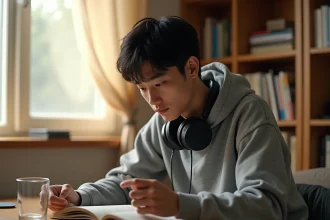 Jeune homme lisant un manga assis à son bureau, concentré sur la lecture du scan One Piece, ambiance cosy avec étagères de mangas en arrière-plan