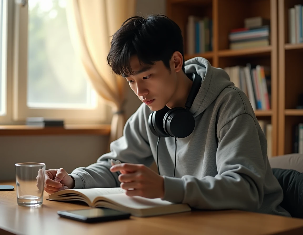 Jeune homme lisant un manga assis à son bureau, concentré sur la lecture du scan One Piece, ambiance cosy avec étagères de mangas en arrière-plan