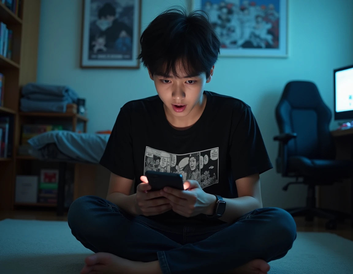 Adolescent lisant un scan de One Piece sur son smartphone par terre dans sa chambre, expression de surprise face aux révélations du chapitre