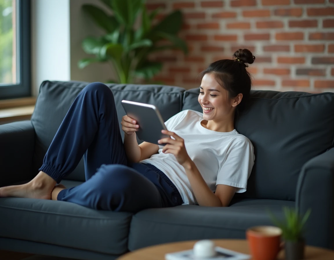 Femme lisant le scan One Piece sur une tablette allongée sur un canapé gris dans un appartement urbain moderne