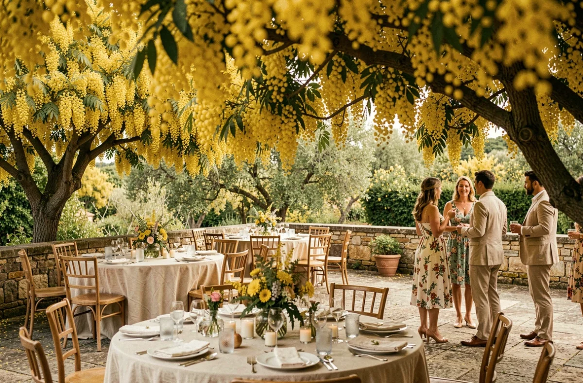 Salle de réception Les Mimosas, terrasse en pierre sous une canopée de mimosas en fleurs, tables en lin et invités en tenue estivale