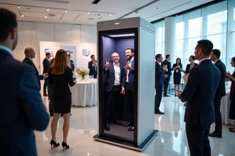 Borne Photomaton en location lors d'un événement d'entreprise avec des professionnels en tenue de soirée