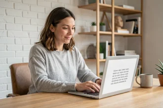 Femme utilisant un traitement de texte avec du texte Lorem Ipsum affiché sur un ordinateur portable dans un bureau à domicile moderne