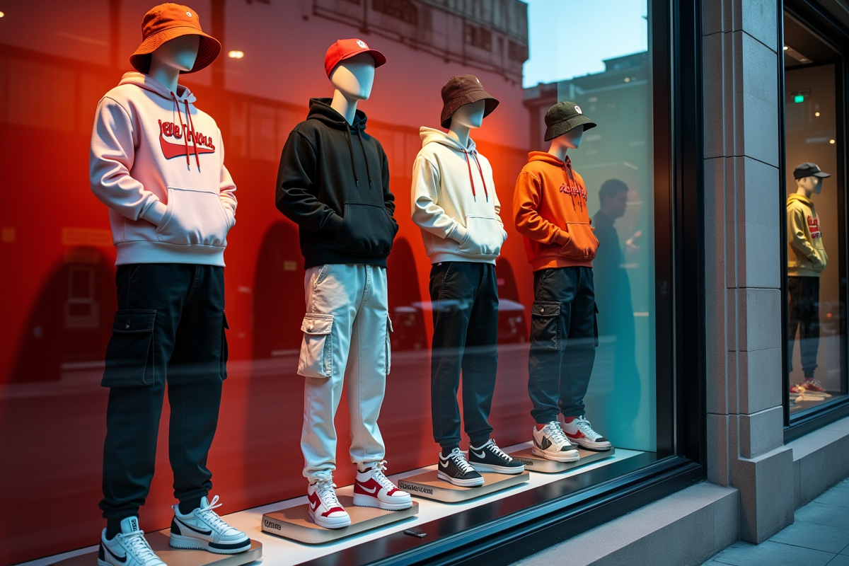 Vitrine de magasin mode années 90 avec streetwear et néons
