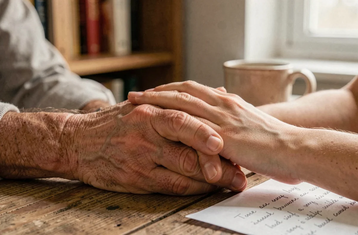 Gros plan sur les mains d'un père et de sa fille entrelacées près d'une lettre manuscrite sur une table en bois