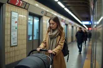 Jeune maman dans le métro de Paris avec poussette moderne