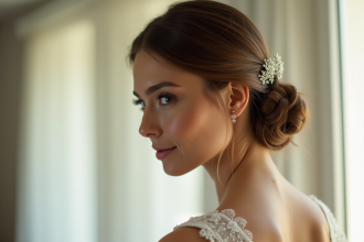 Mariée avec chignon élégant en lumière naturelle