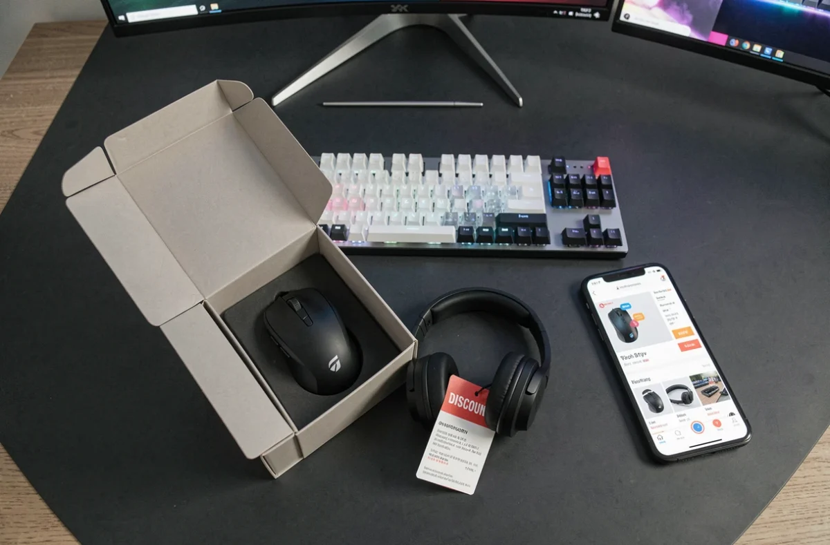 Flat lay de matériel gaming déballé pendant les promotions Cyber Monday avec souris, clavier et casque