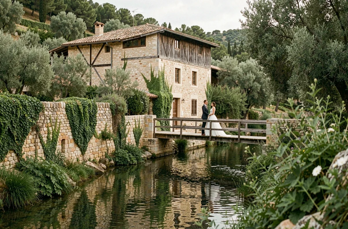 Le Moulin de Gémenos, bâtiment en pierre restauré au bord d'un cours d'eau, végétation méditerranéenne luxuriante et couple en tenue de mariage